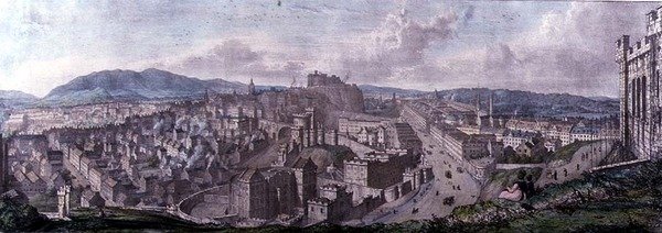 Näkymä Calton Hillin huipulta Nelsonin muistomerkin luota länteen, kaiverrettu William Westallin (1781-1850) toimesta ja painettu Charles Joseph Hullmandelin (1789-1850) toimesta 1828 (värikaiverrus). tekijältä Mary (after) Stuart