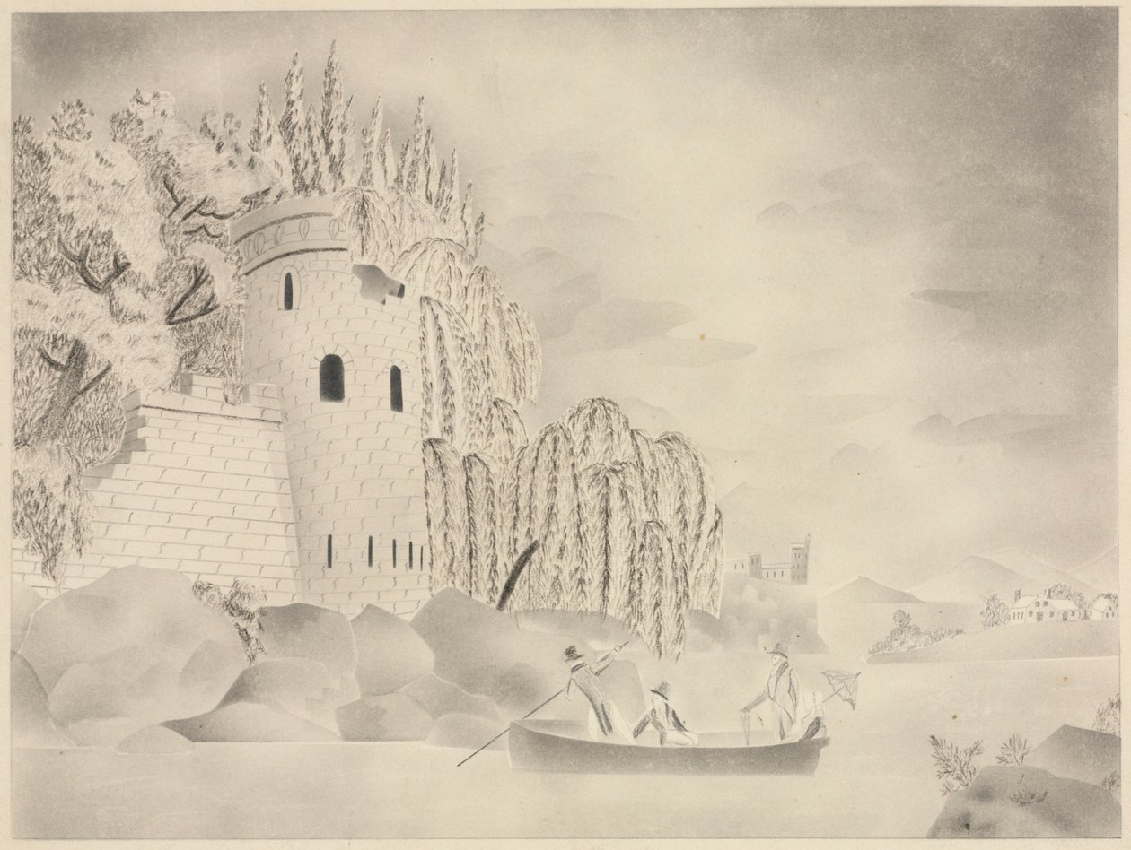 The Lonely Tower (Linna joen varrella, jossa on pajuja ja vene) tekijältä Mary Altha Nims