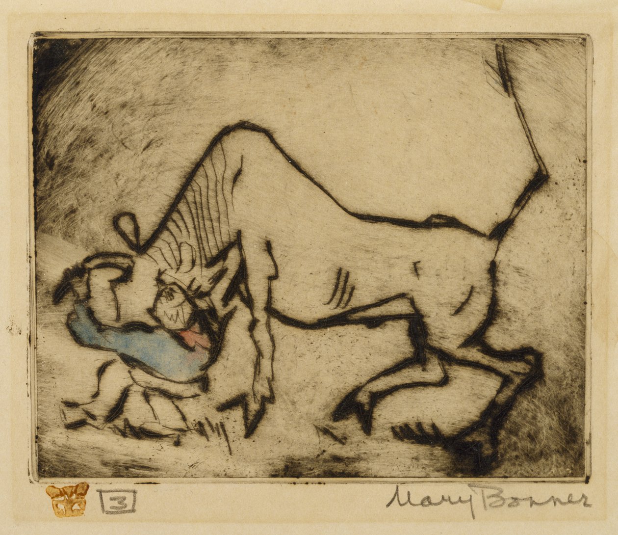 Bull-Dogging (käsinvärinen etsaus) tekijältä Mary Bonner