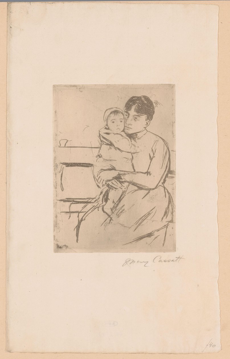 Pankissa Äiti ja lapsi Penkillä (otsikko esineellä) tekijältä Mary Cassatt (signed by artist)