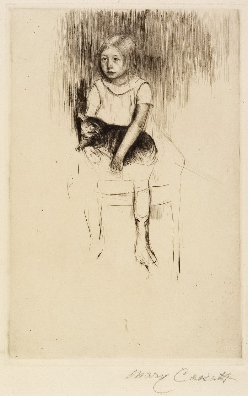 Ellen pitelee kissaa vasemmalle katsoen, n. 1887. tekijältä Mary Cassatt