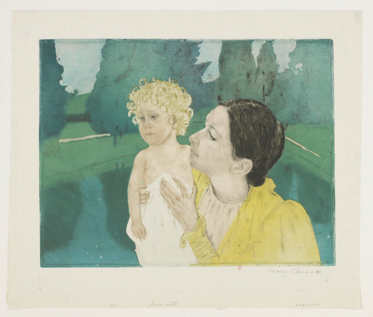 Nuori äiti puistossa altaan edessä tekijältä Mary Cassatt