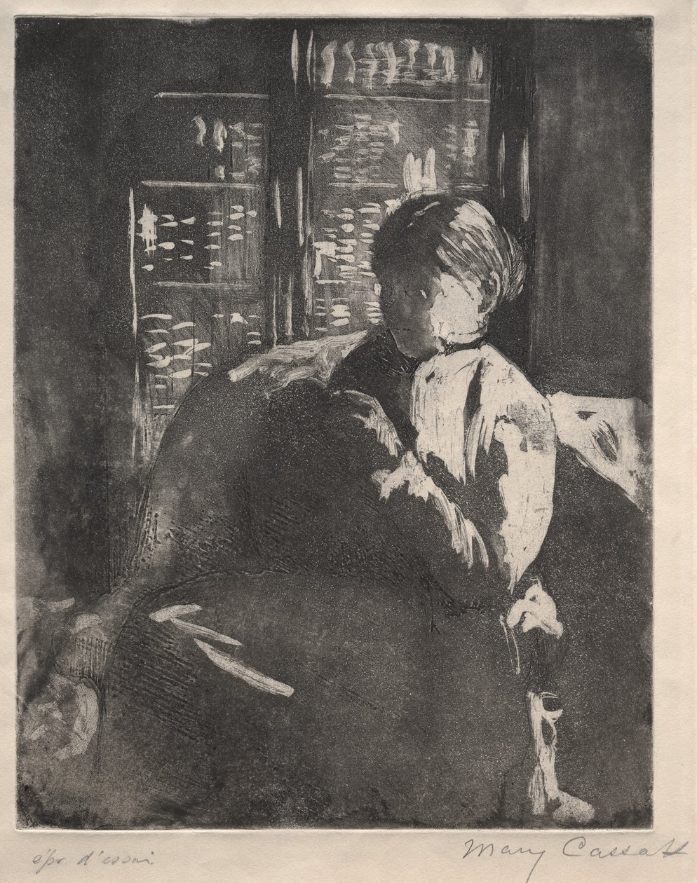 Neulominen kirjastossa, n. 1881. tekijältä Mary Cassatt