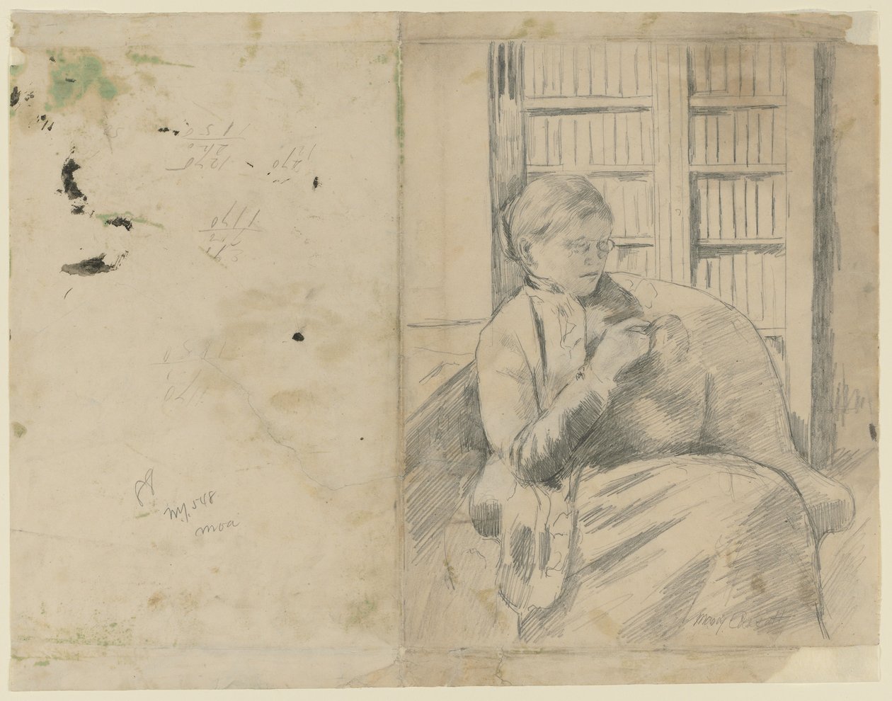 Neulominen kirjastossa recto, Neuloa kirjastossa verso, n. 1881. tekijältä Mary Cassatt