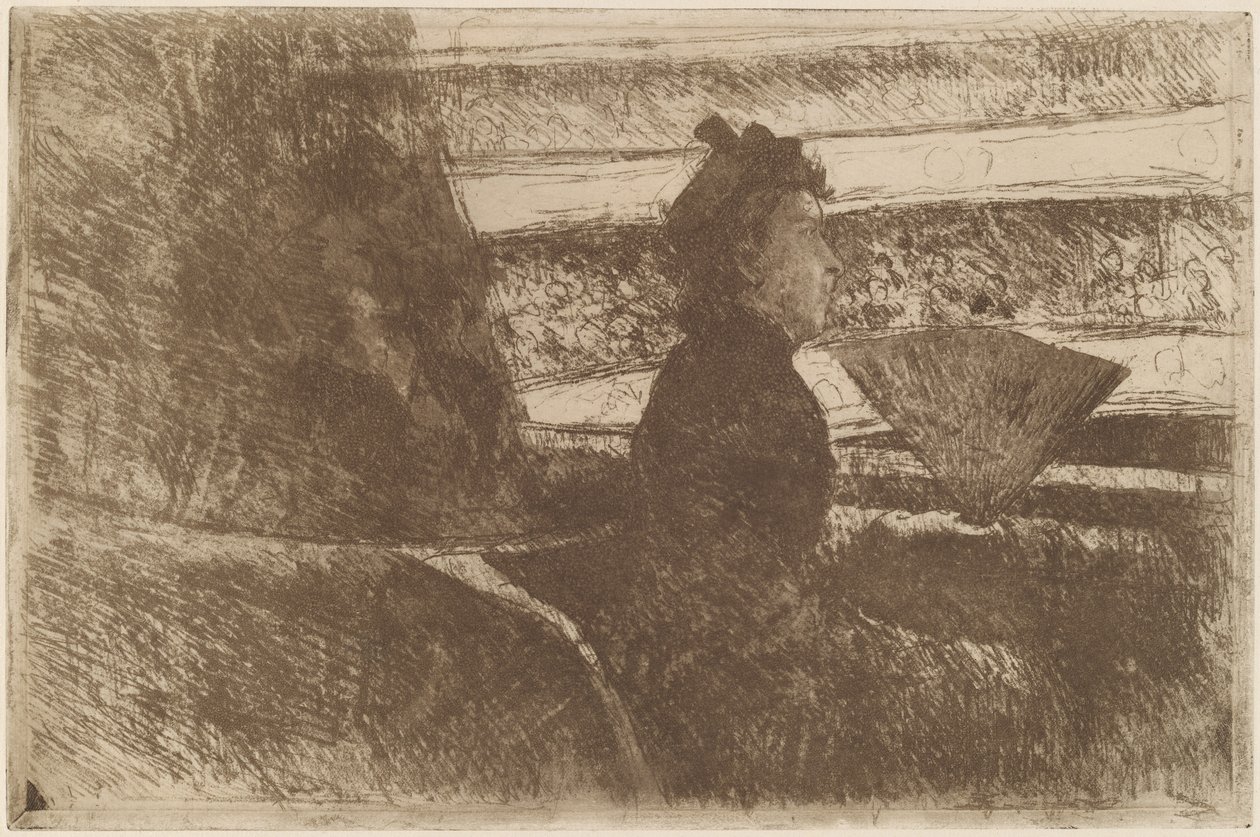Nainen mustassa, logessa, oikealle päin, c. 1880. tekijältä Mary Cassatt