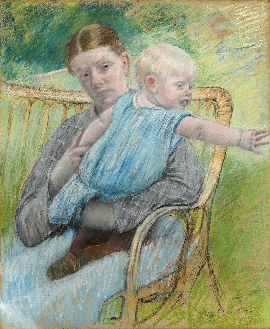 Mathilde pitelee vauvaa, joka kurottaa kätensä oikealle, n. 1889 tekijältä Mary Cassatt