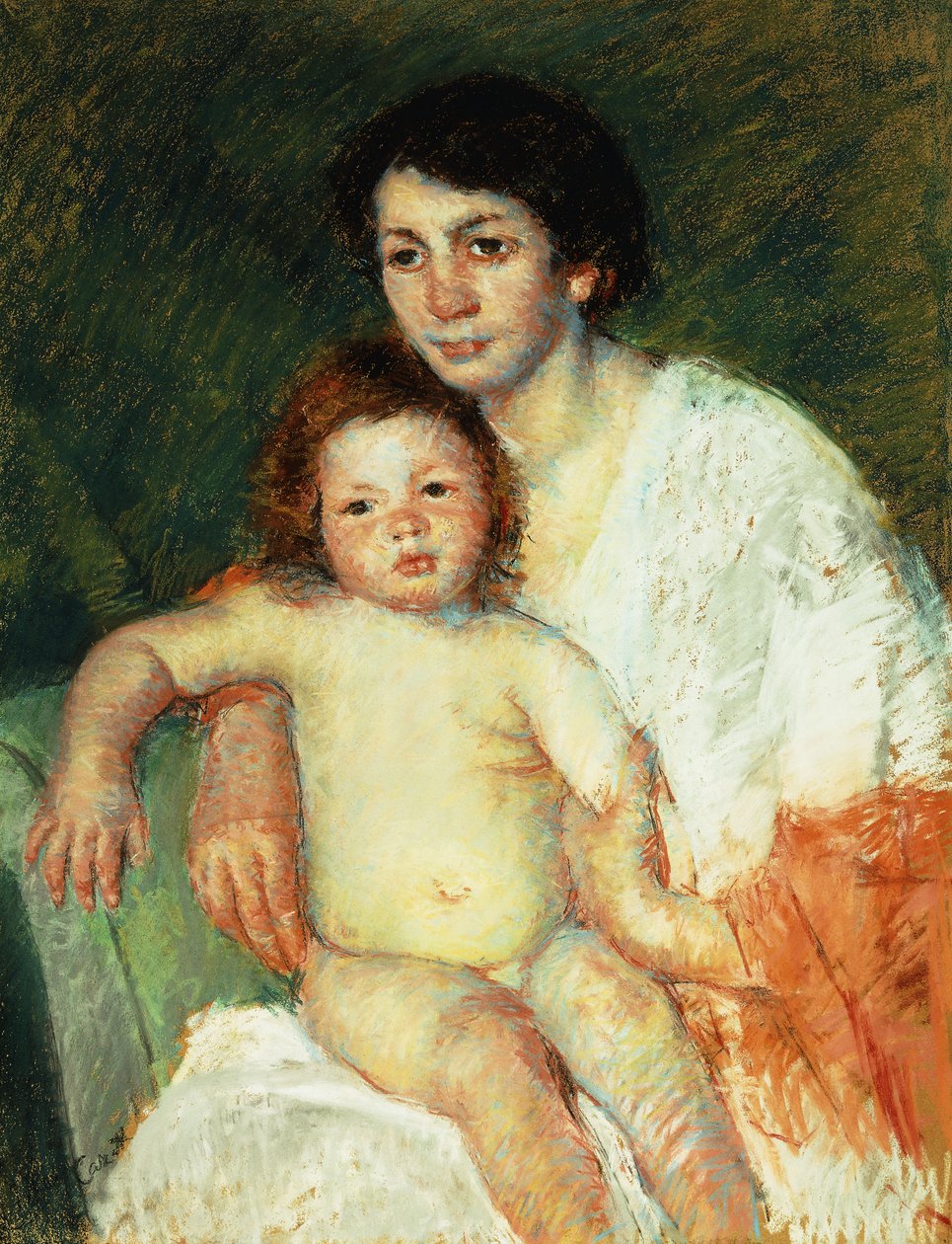 Alaston vauva äidin sylissä lepäämässä oikeaa käsivarttaan tuolin selkänojassa, 1913 tekijältä Mary Cassatt