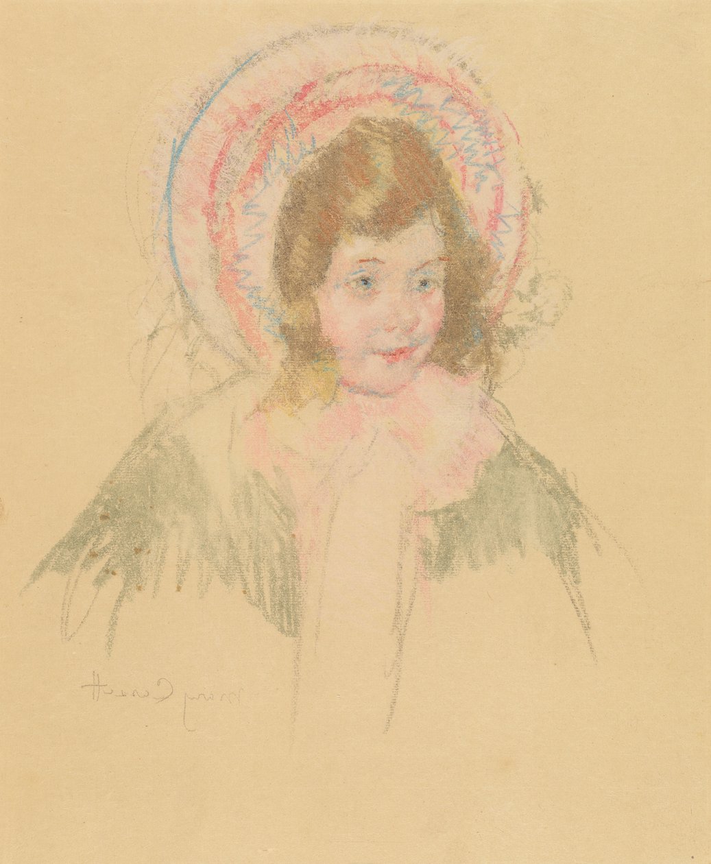 Sara yllään konepellillä ja takilla, n. 19041906. tekijältä Mary Cassatt
