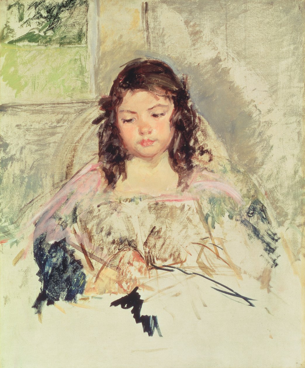 Luonnos kappaleille "Francoise pyöreäselkäisessä tuolissa, lukemassa" tai "Tyttö vaaleanpunaisessa" n. 1908 tekijältä Mary Cassatt