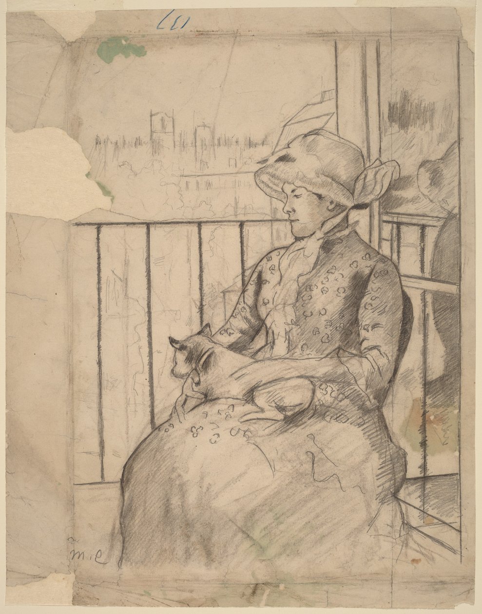 Susan parvekkeella koira sylissään [etupuoli] tekijältä Mary Cassatt
