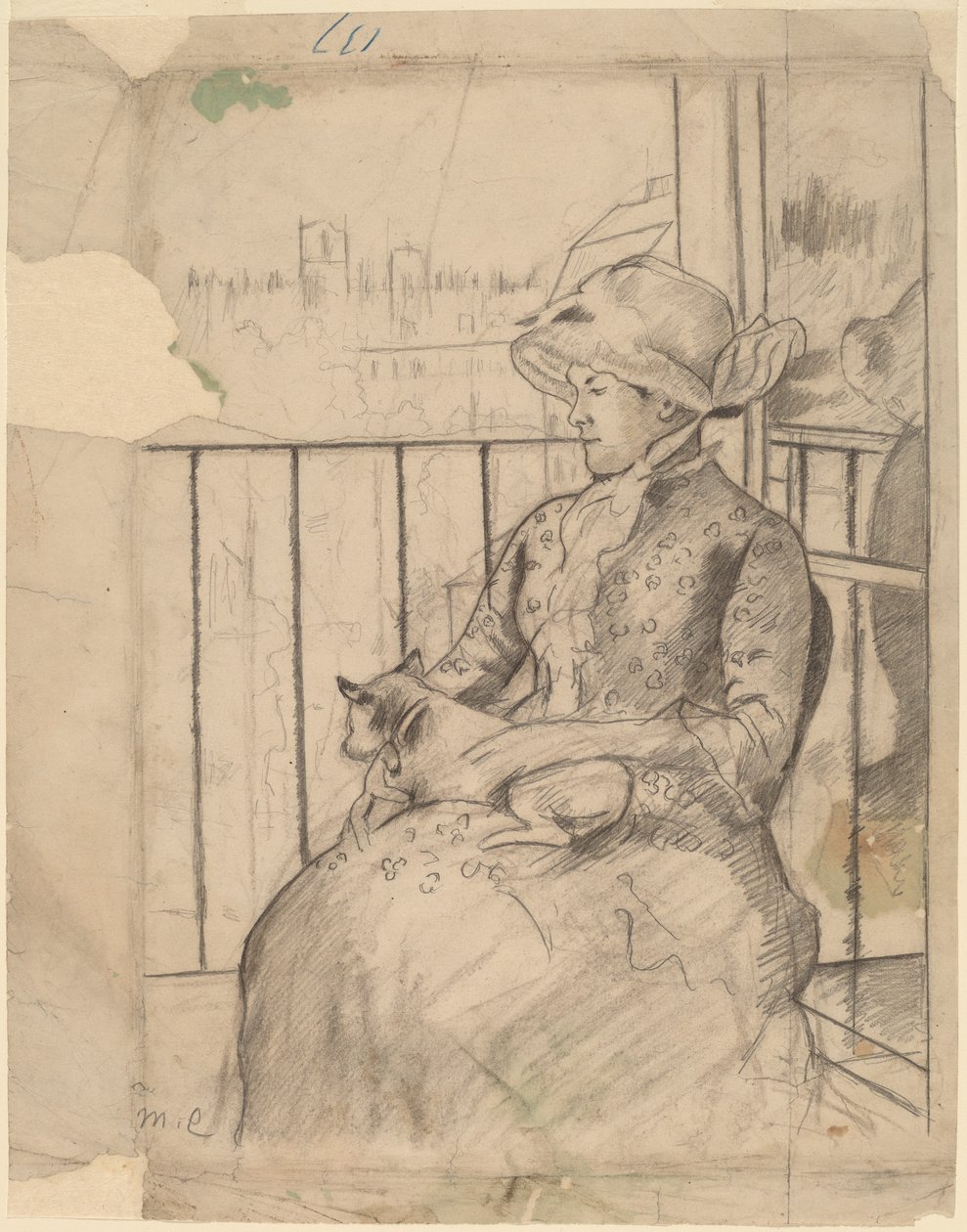 Susan parvekkeella pitelemässä koiraa [recto], n. 1883. tekijältä Mary Cassatt