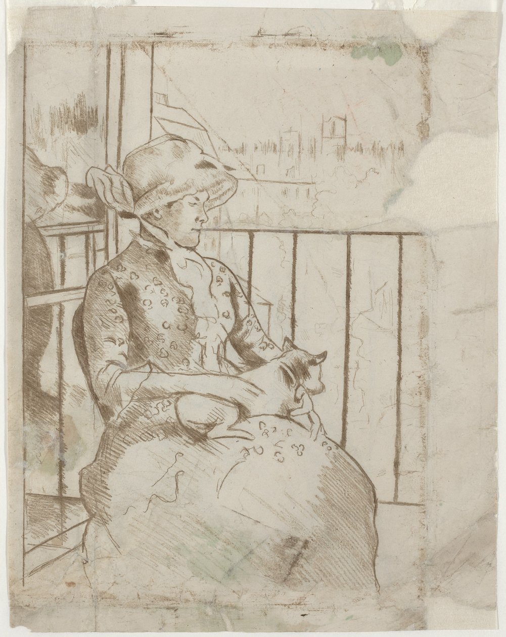 Susan parvekkeella pitelemässä koiraa [verso], n. 1883. tekijältä Mary Cassatt