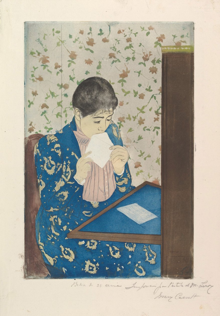 Kirje, 1890-91 (Kipsipiirto ja akvatintta, painettu kolmelta levyltä) tekijältä Mary Cassatt