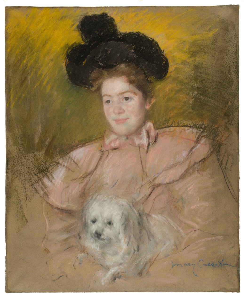 Nainen vadelmapuvussa pitelemässä koiraa, c. 1901. tekijältä Mary Cassatt