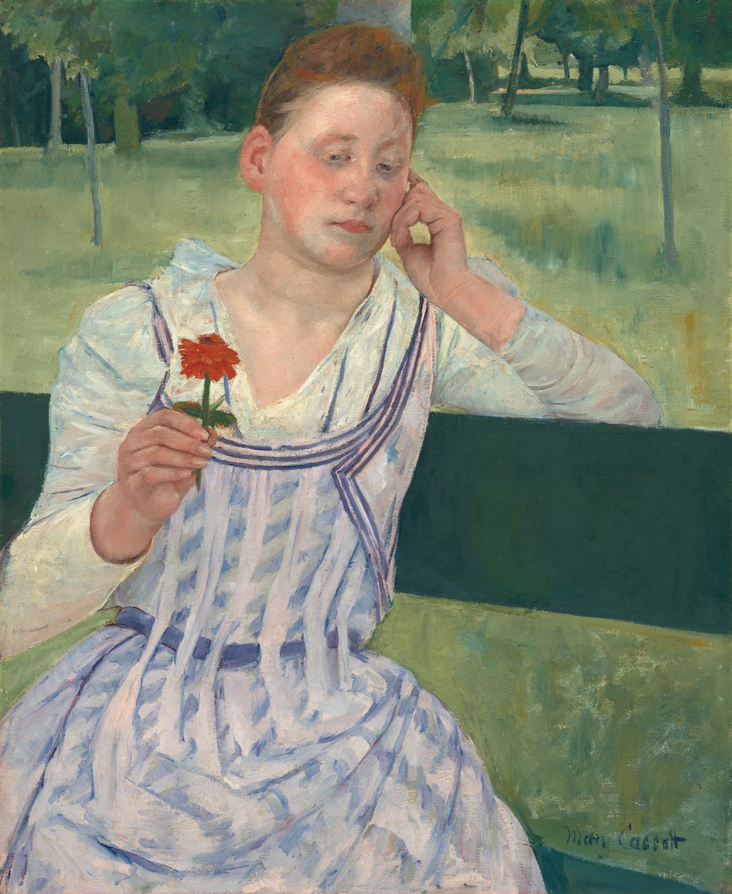 Nainen punaisella zinnialla tekijältä Mary Cassatt