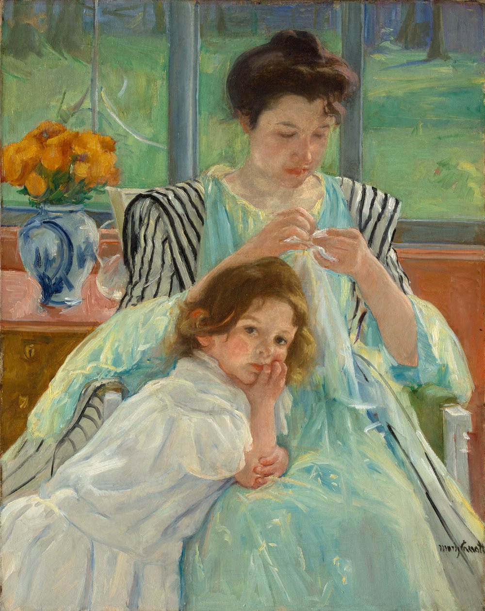 Nuori äiti ompelemassa, 1900 tekijältä Mary Cassatt