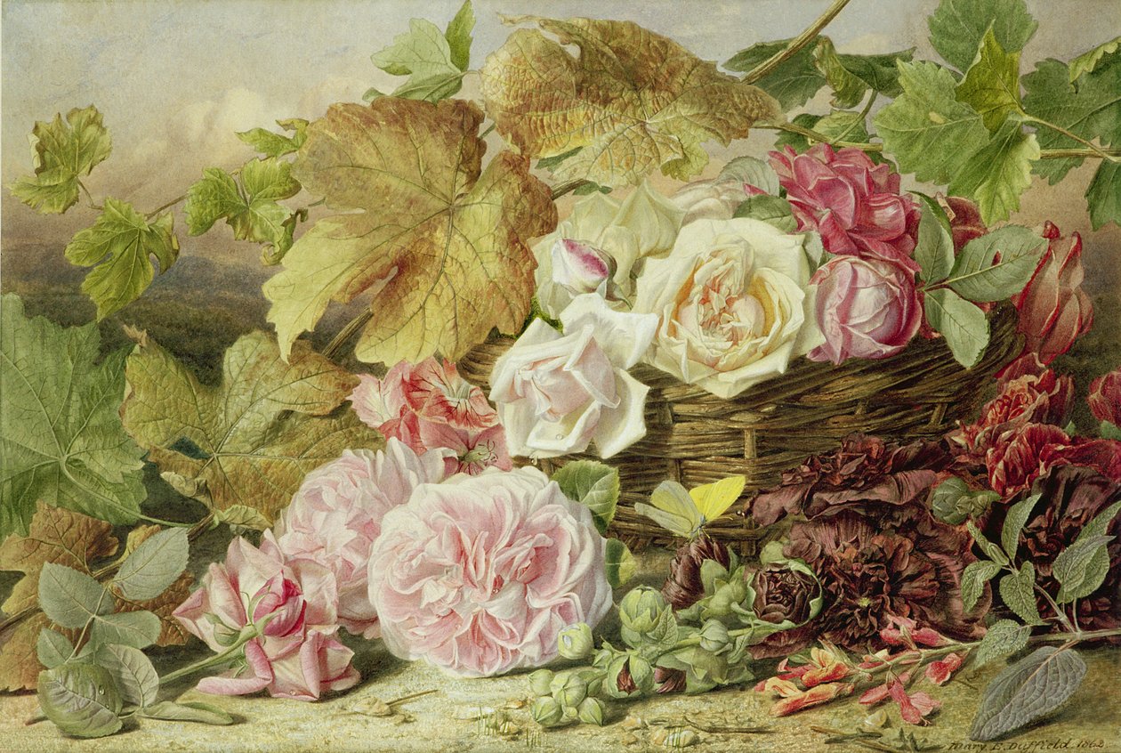 Pionit, ruusut ja hollyhocks, 1862 tekijältä Mary Elizabeth Duffield