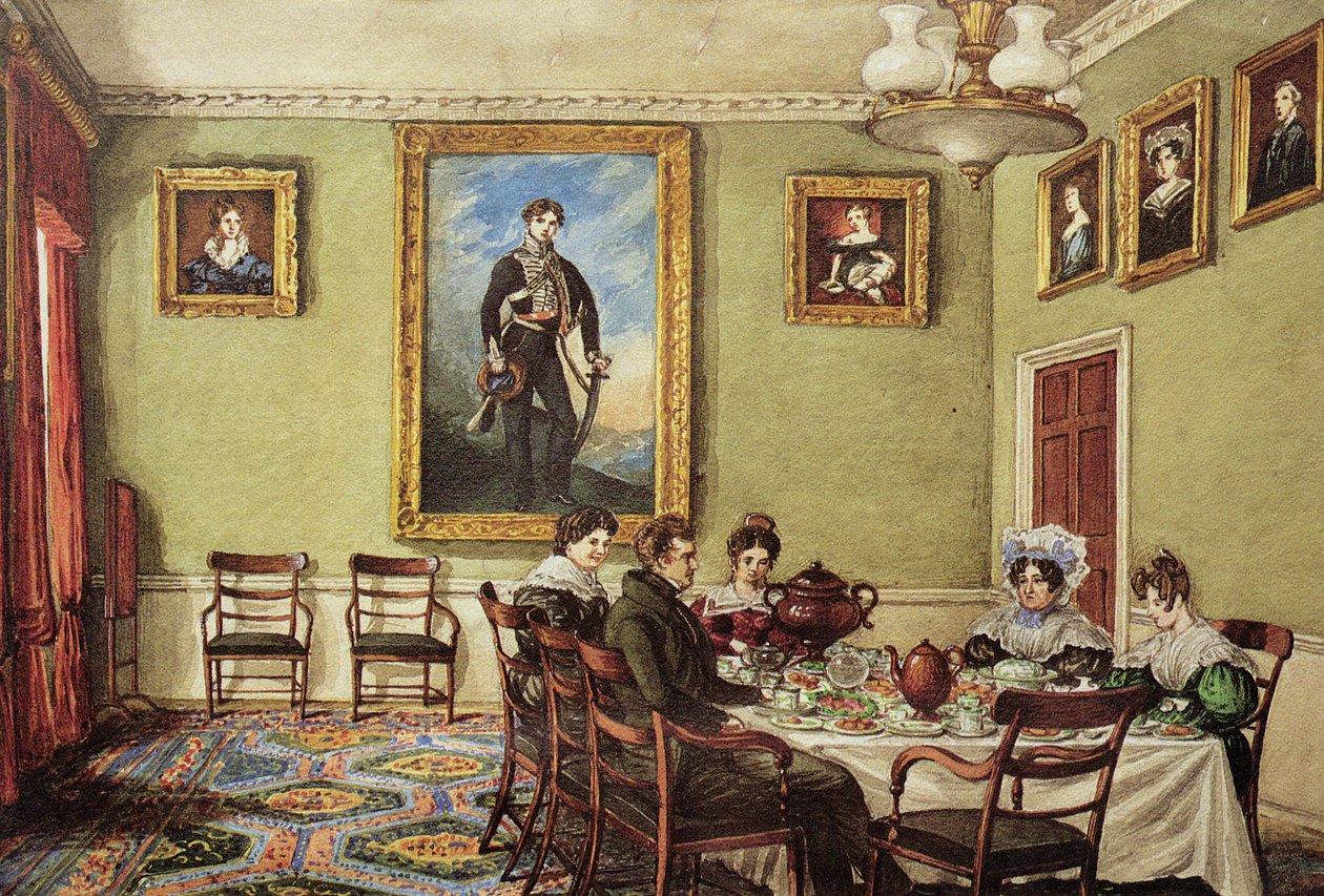 Ruokasali Langton Hallissa, perhe aamiaisella, n. 1832-3 tekijältä Mary Ellen Best