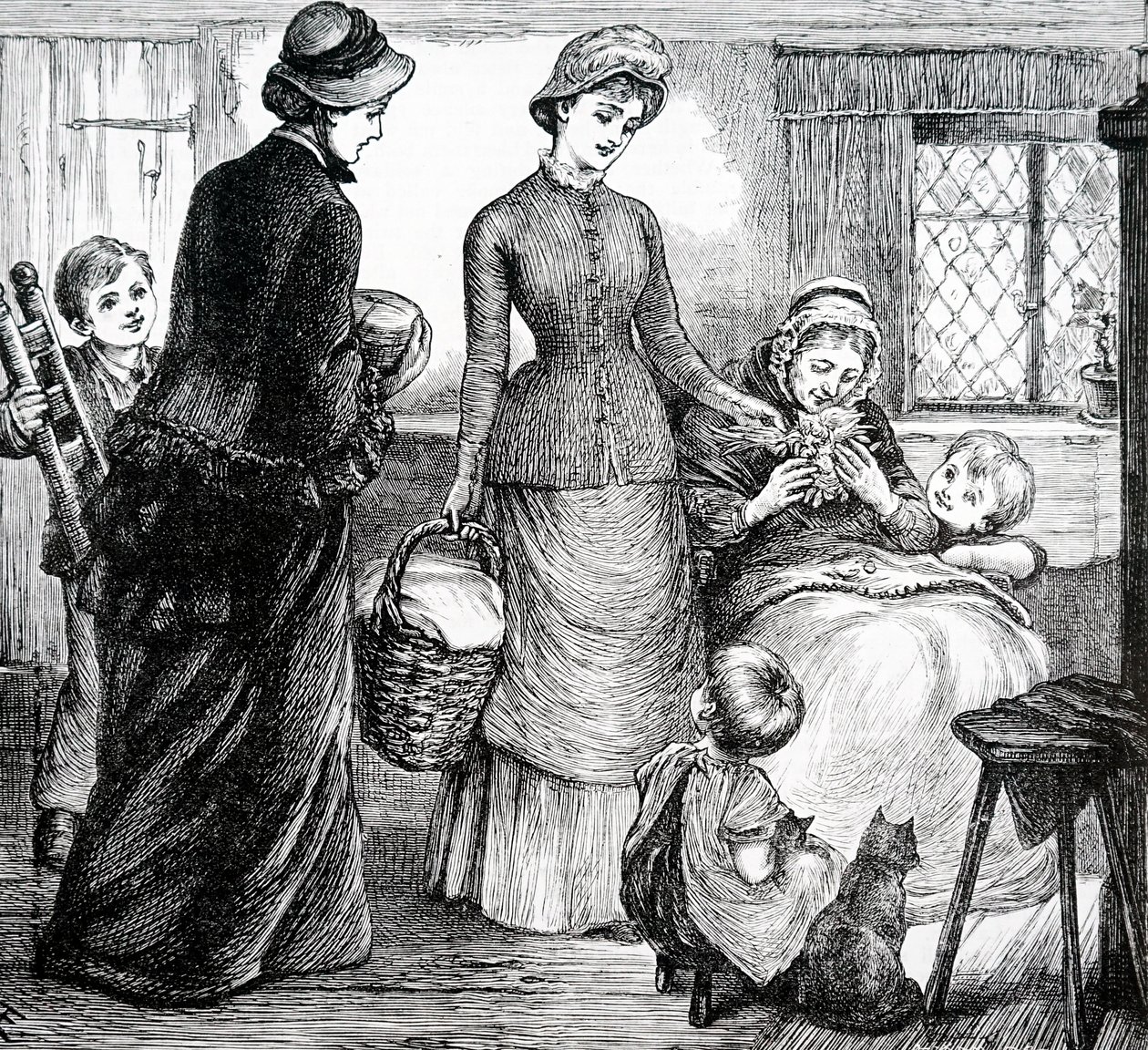 Nainen antaa lahjoja köyhälle mökille. Kirjailija Mary Ellen Edwards (1838-1934), englantilainen taiteilija tekijältä Mary Ellen Edwards