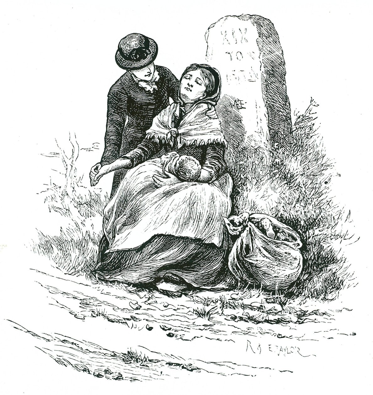 Köyhä, naimaton äiti löydettiin uupuneena matkalla työtaloon vauvansa kanssa. Kohtaus, joka muistuttaa Thomas Hardyn romaania, mutta ei harvinaista maaseudulla kaikkialla maassa. Kuvitus Mary Ellen Edwards c1881. tekijältä Mary Ellen Edwards