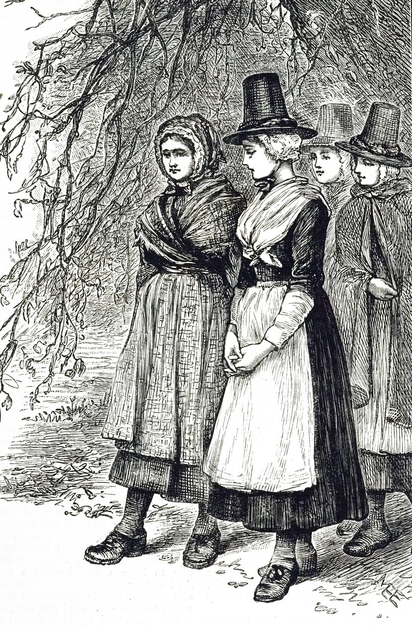 Kaiverrus, joka kuvaa walesilaisia tyttöjä Hollantiden messuilla, vuokrausmessuilla, jotka odottavat palkkaamista kotitalouspalvelijoiksi. Kuvittanut Mary Ellen Edwards (1838-1934), englantilainen taiteilija ja lastenkirjojen kuvittaja tekijältä Mary Ellen Edwards