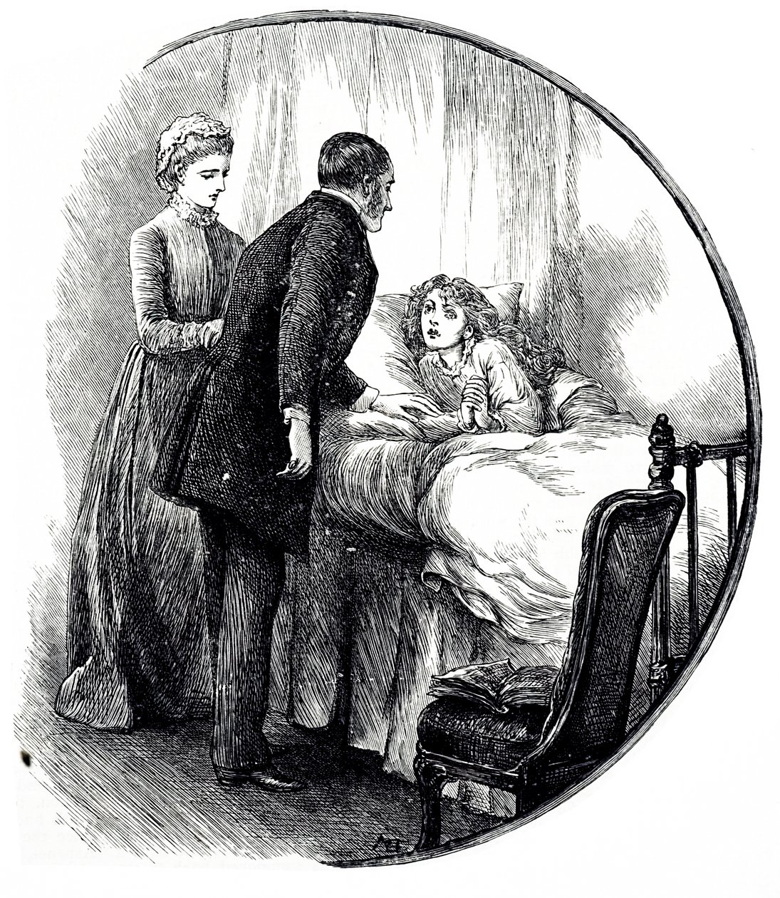 Kaiverrus, joka kuvaa lääkäriä vierailemassa nuoren potilaansa luona kotona. Kuvittanut Mary Ellen Edwards (1838-1934), englantilainen taiteilija ja tuottelias lastenkirjojen kuvittaja tekijältä Mary Ellen Edwards