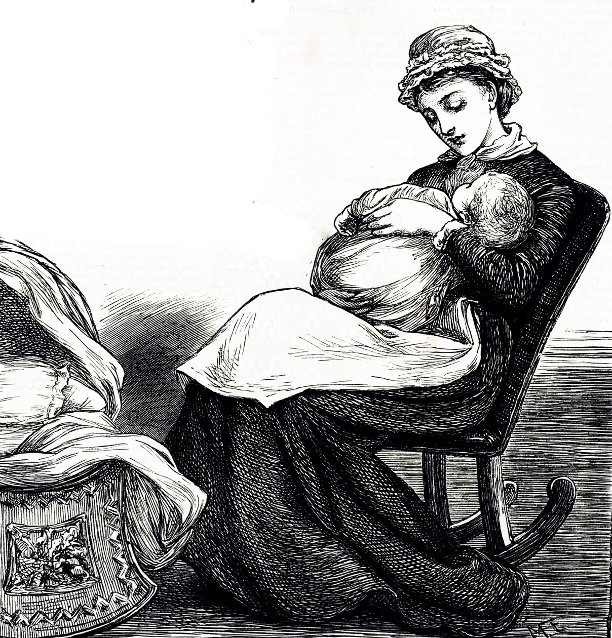 Kaiverrus, jossa äiti keinuttaa vauvaansa. Kuvitettu Mary Ellen Edwards (1838-1934), englantilainen taiteilija ja tuottelias lastenkirjojen kuvittaja tekijältä Mary Ellen Edwards