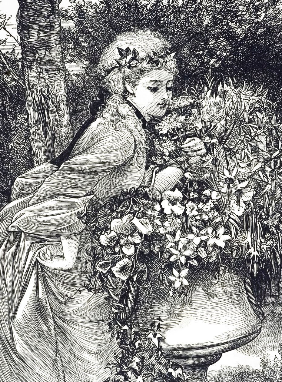 Kaiverrus, joka kuvaa nuorta tyttöä, joka haistaa kukkia puutarhauurnassa. Kuvittanut Mary Ellen Edwards (1838-1934), englantilainen taiteilija ja lastenkirjojen kuvittaja tekijältä Mary Ellen Edwards