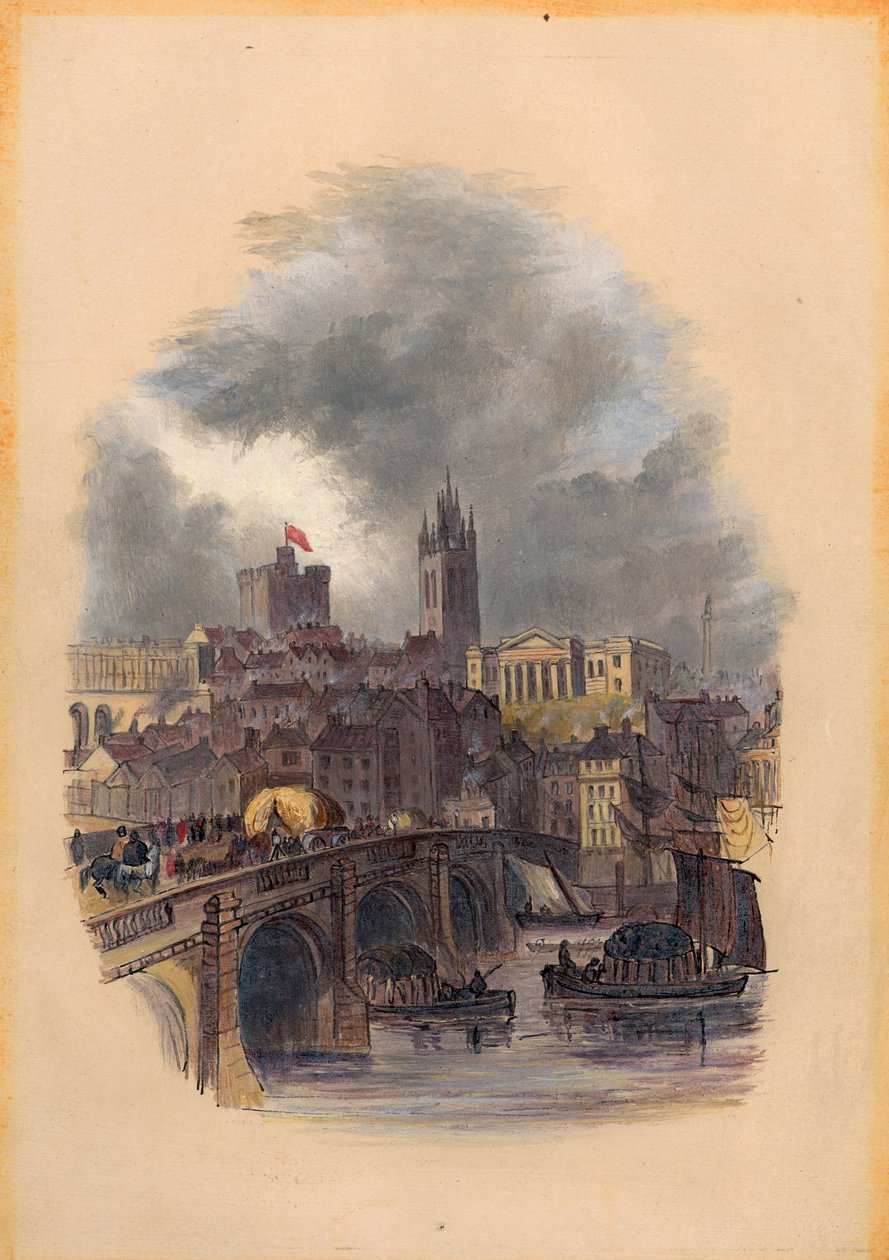Old Tyne Bridge, Moot Hall, Pyhän Nikolauksen katedraali ja linna (muste ja wc paperilla) tekijältä Mary Jane Hancock