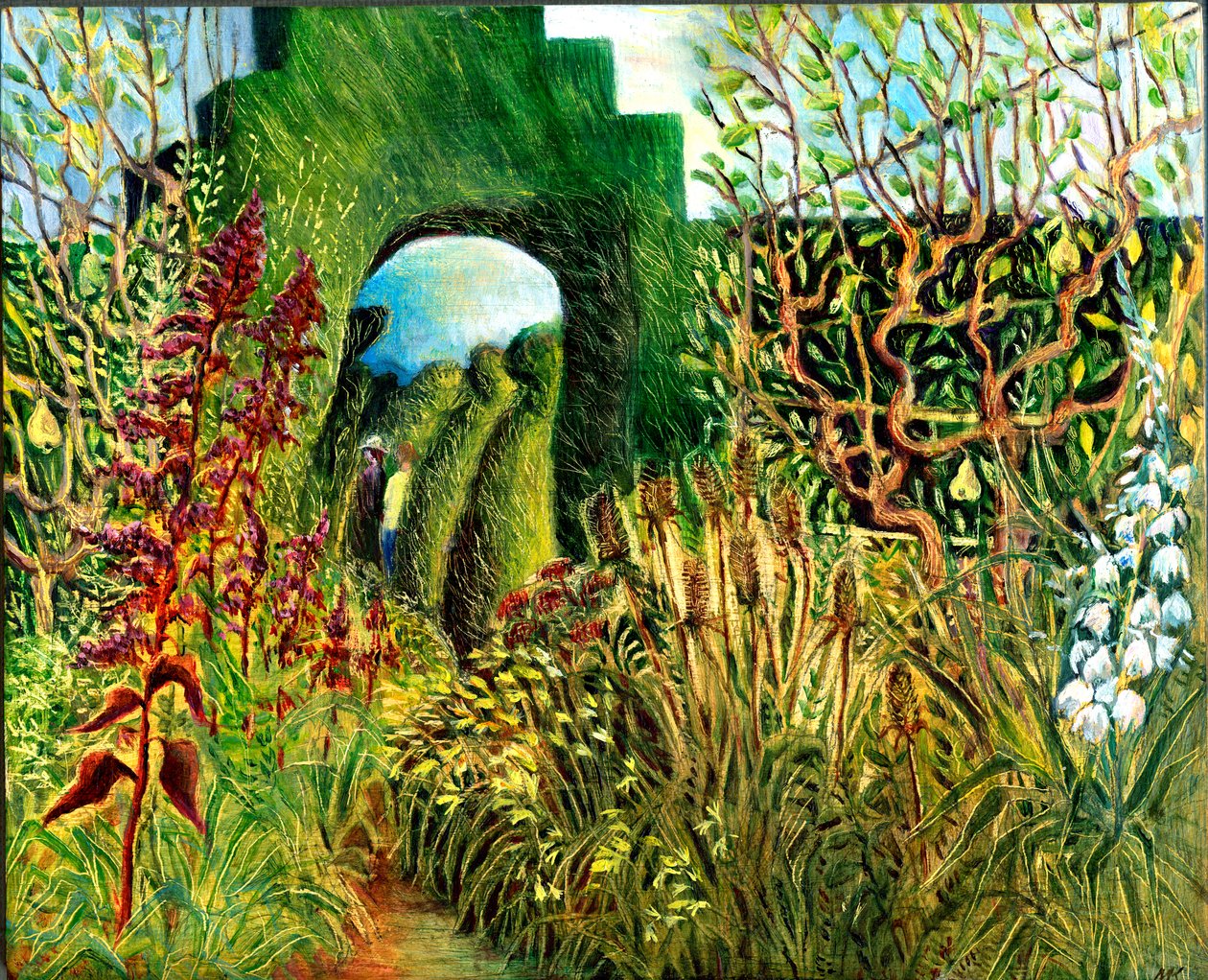 Great Dixter: Topiary ja kukat, 2003 (öljy aluksella) tekijältä Mary Kuper