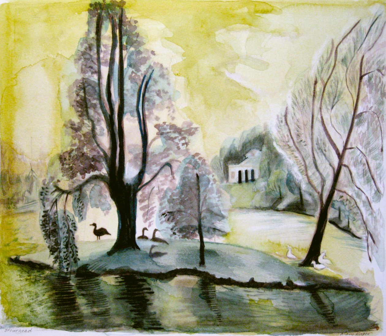 Stourhead, iltajärvi, 2006 (akvarelli) tekijältä Mary Kuper