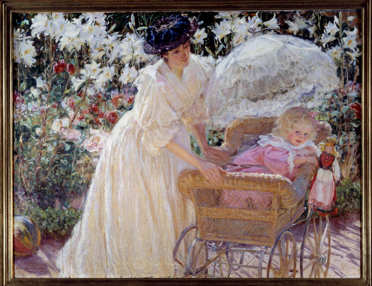 Ruusu ja lilja Äiti ja hänen pieni tyttärensä rattaissa kukkapuutarhassa. Mary Mac Monniesin (1858-1946) maalaus 1897 Rouen, Kuvataidemuseo tekijältä Mary Louise MacMonnies