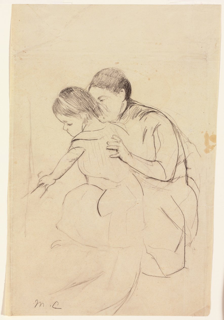Vauva vasemmalla kädellä koskettelemassa kylpyammetta, hoitajan hallussa, n. 1891 tekijältä Mary Cassatt