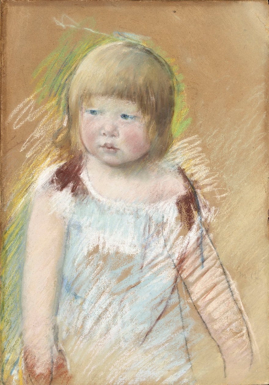 Lapsi otsatukka sinisessä mekossa, n. 1910 tekijältä Mary Cassatt