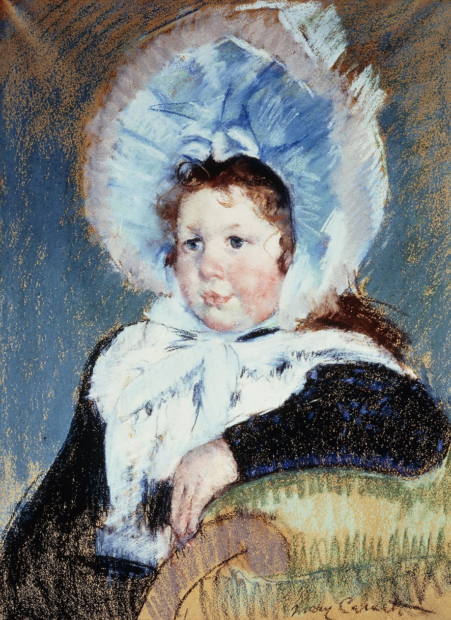 Dorothy erittäin suuressa konepellissä ja tummassa takissa, n. 1904 tekijältä Mary Cassatt