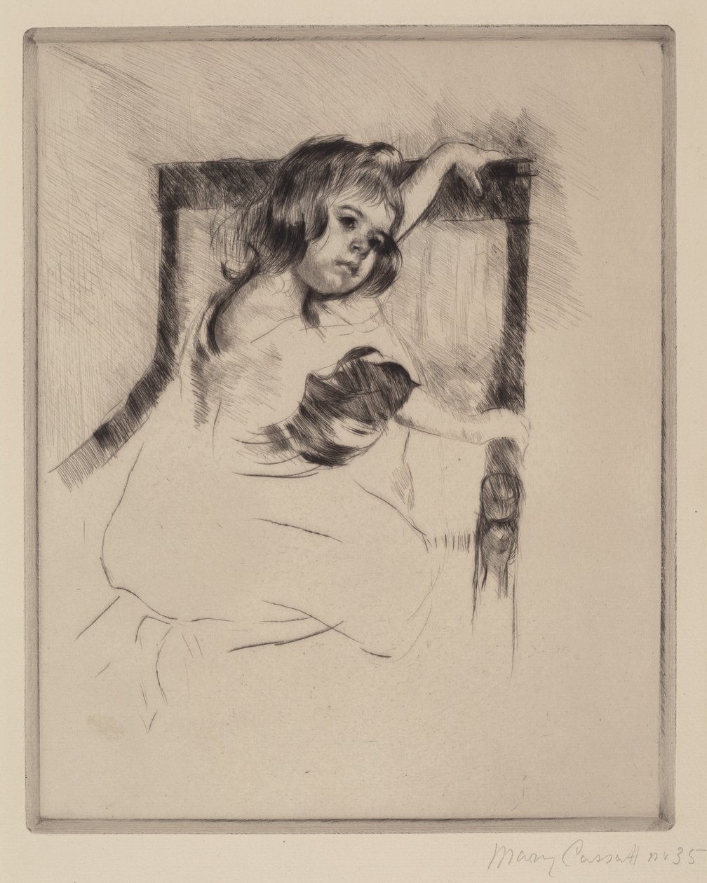 Polvistuminen nojatuolissa (Margot), n. 1903 (kuivapiste) tekijältä Mary Stevenson Cassatt