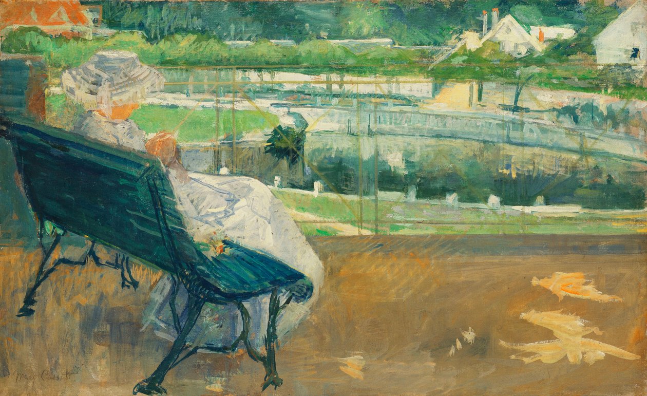 Lydia Istuu kuistilla, Virkkaa, n. 1881 tekijältä Mary Cassatt