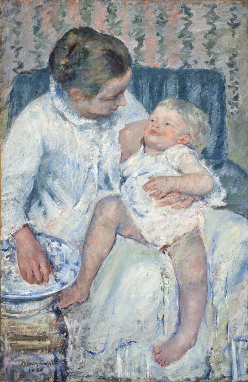 Äiti aikoo pestä unisen lapsensa tekijältä Mary Stevenson Cassatt