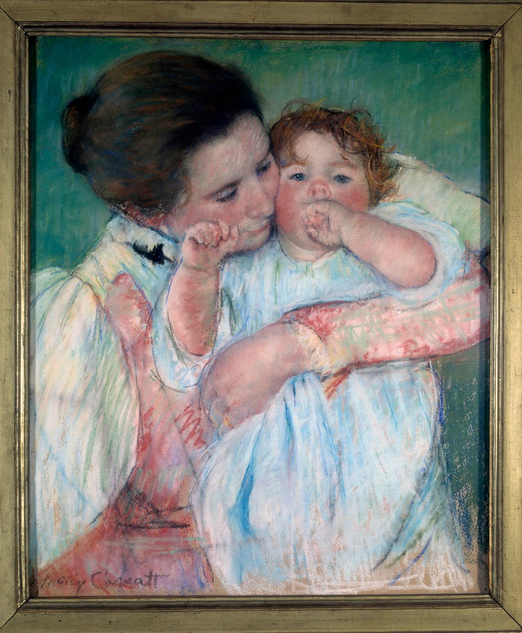 Äiti ja lapsi vihreällä taustalla tai Maternity Painting by Mary Cassatt (1844-1926) 1897 Sun. 0,55x0,46 m Paris, musee d
