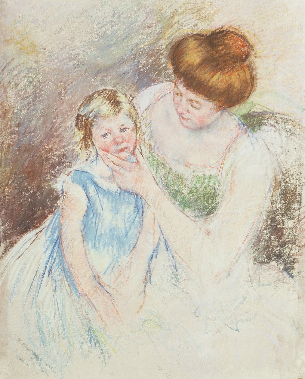 Äiti vasemmalla kädellä pitäen Saran leukaa tekijältä Mary Cassatt
