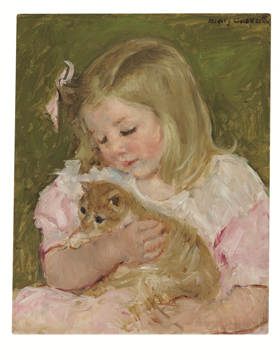 Sara pitelee kissaa, noin 1907-08 (öljy kankaalle). tekijältä Mary Stevenson Cassatt