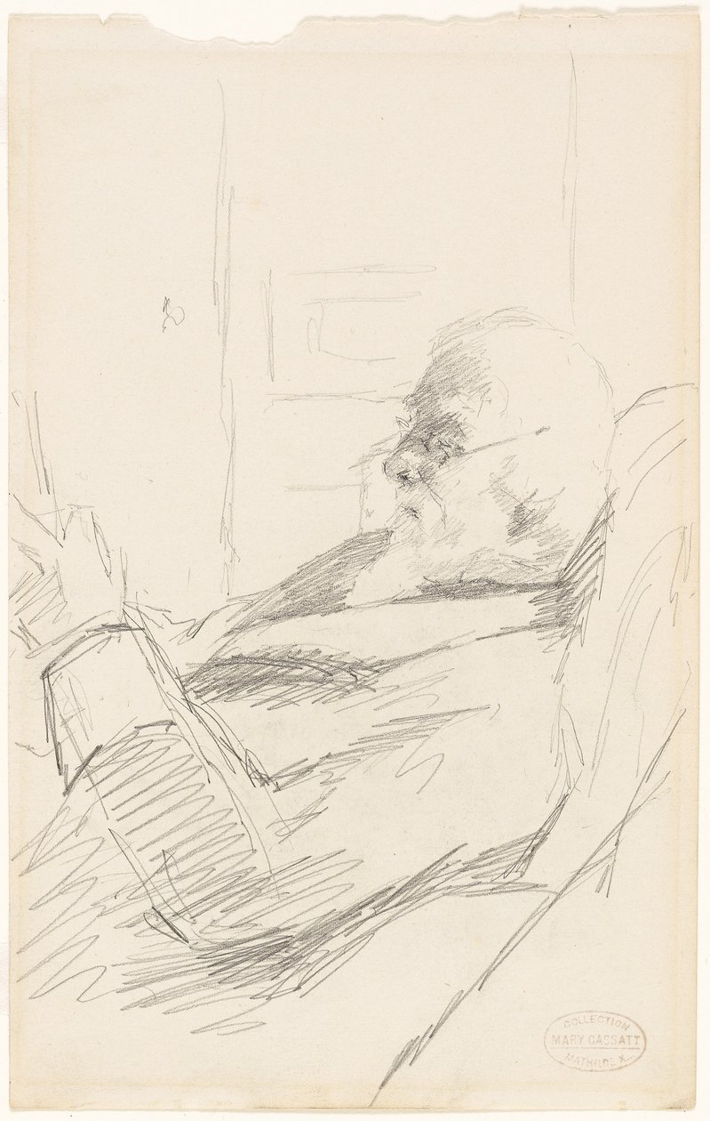 Taiteilijan isä lukemassa, noin 1883 (grafiitti, norsunluunväriselle paperiarkille). tekijältä Mary Stevenson Cassatt