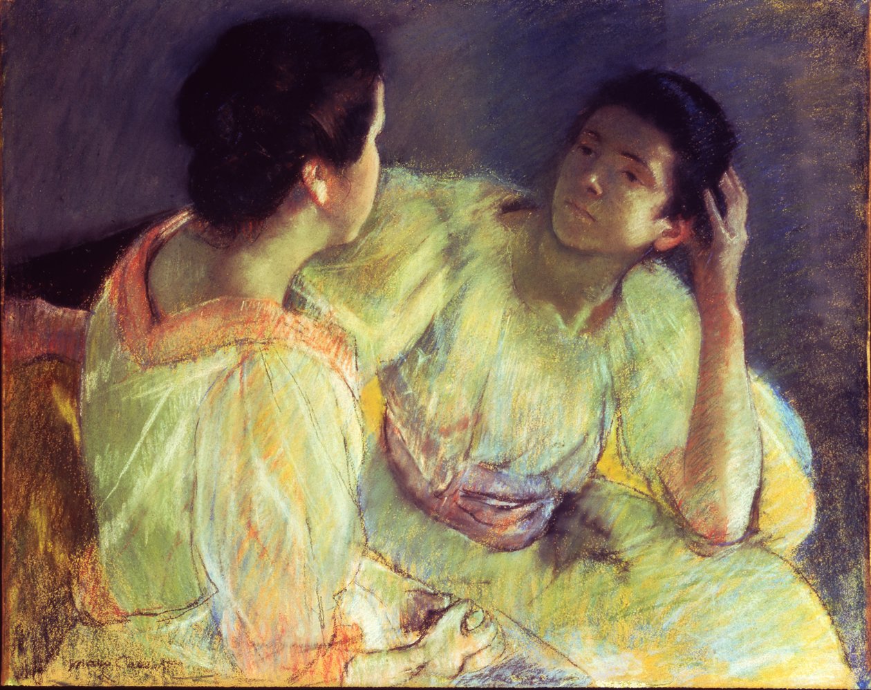 Keskustelu, n. 1896 (pastelli kankaalle asetettu paperille) tekijältä Mary Stevenson Cassatt