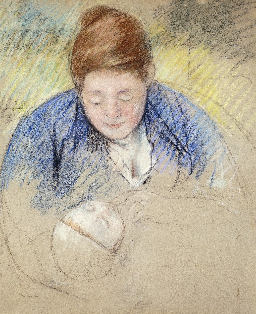 Nainen nojaa vauvan yli; Nainen nojaa vauvan ylle, n. 1907 tekijältä Mary Cassatt