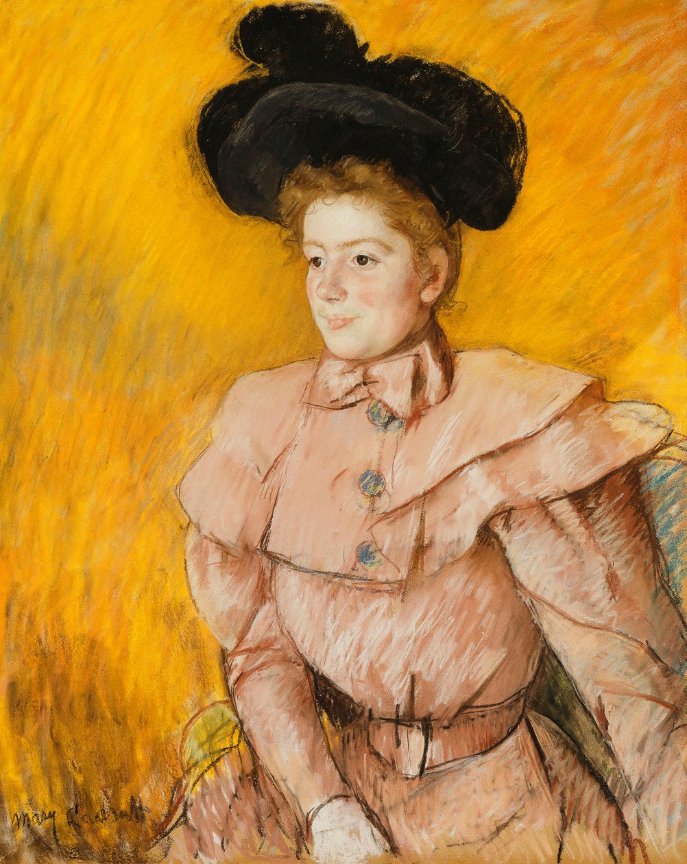 Nainen mustassa hatussa ja vadelmanpunaisessa asussa, n. 1899 tekijältä Mary Cassatt