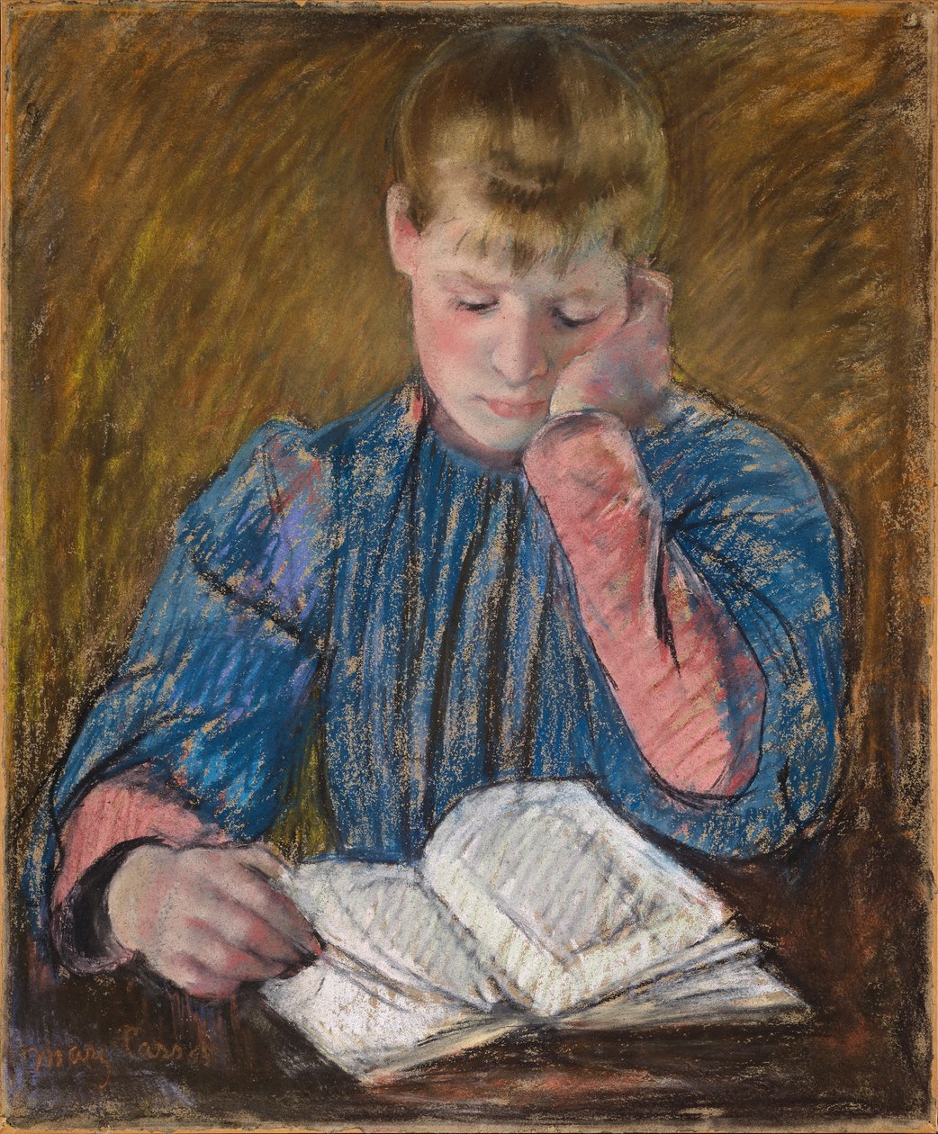 Nuori tyttö lukemassa, noin 1894 (pastelli paperille). tekijältä Mary Stevenson Cassatt
