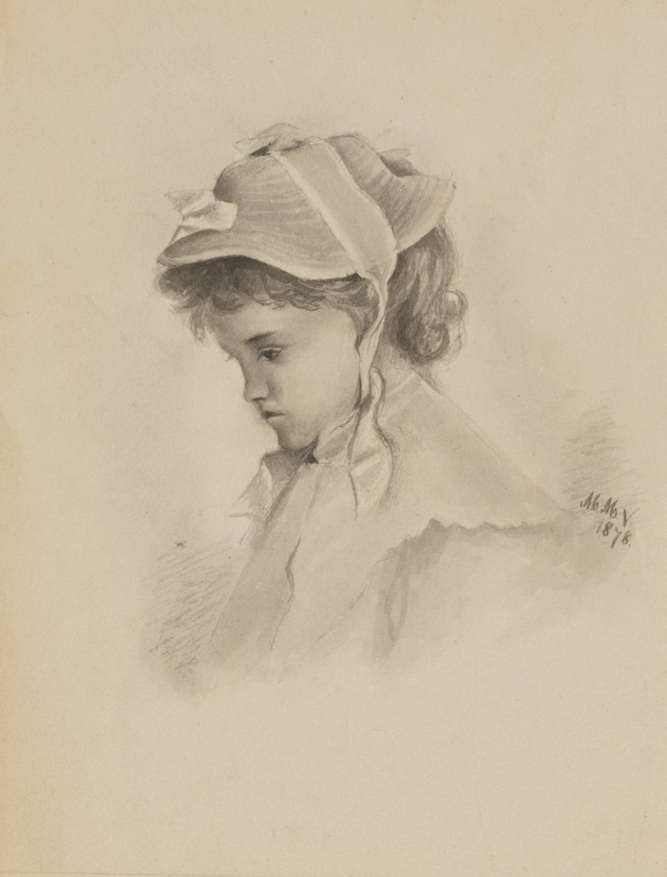 Nimetön alas katsovan lapsen pää, 1878. tekijältä Mary Vaux Walcott