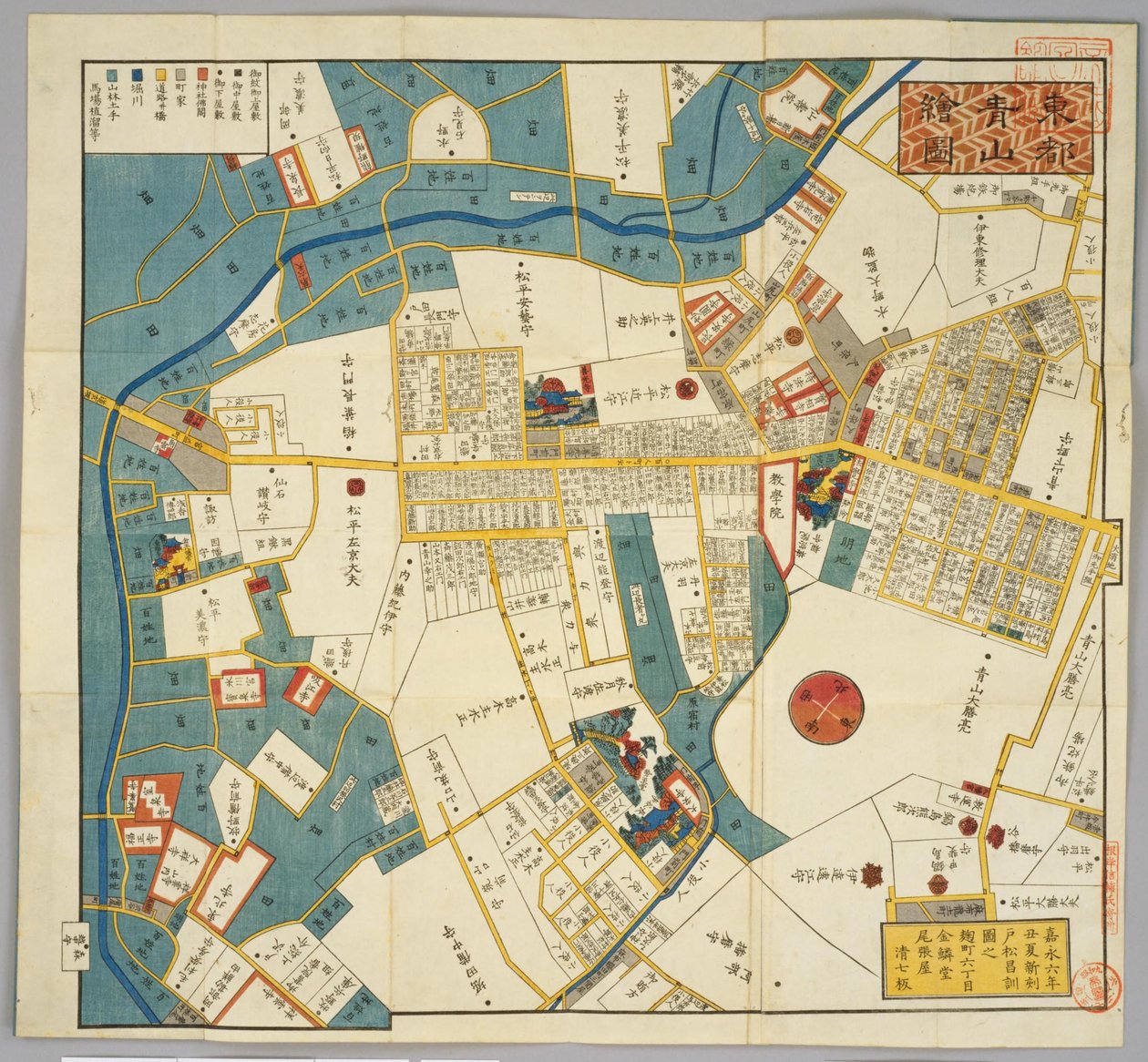 1853 Edo -kartta nykyisen Aoyama -kadun varrella Miyamasusakauesta tekijältä Masanori Tomatsu