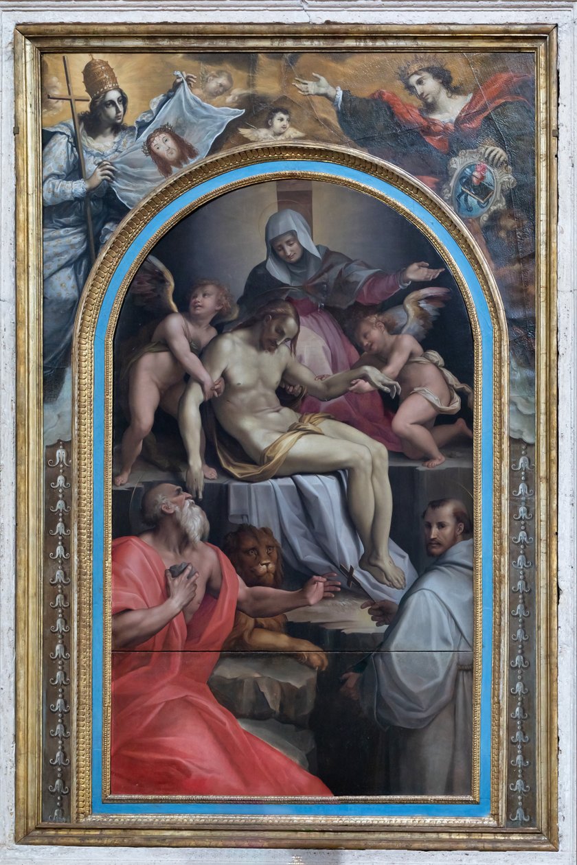 Laskeutuminen pyhien Girolamon ja Francescon kanssa, noin 1550-1600 (öljy paneelille). tekijältä Maso da San Friano