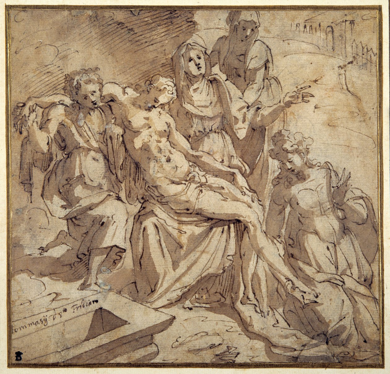 Pieta (kynä ja ruskea muste ruskealla pesulla valkoisella paperilla) tekijältä Maso da San Friano